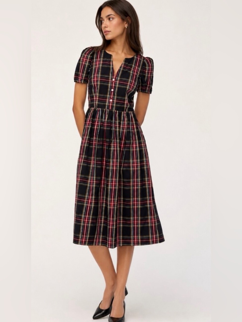 J. Crew Factory Stewart tartan puff-sleeve midi dress with jeweled buttons Sz 12